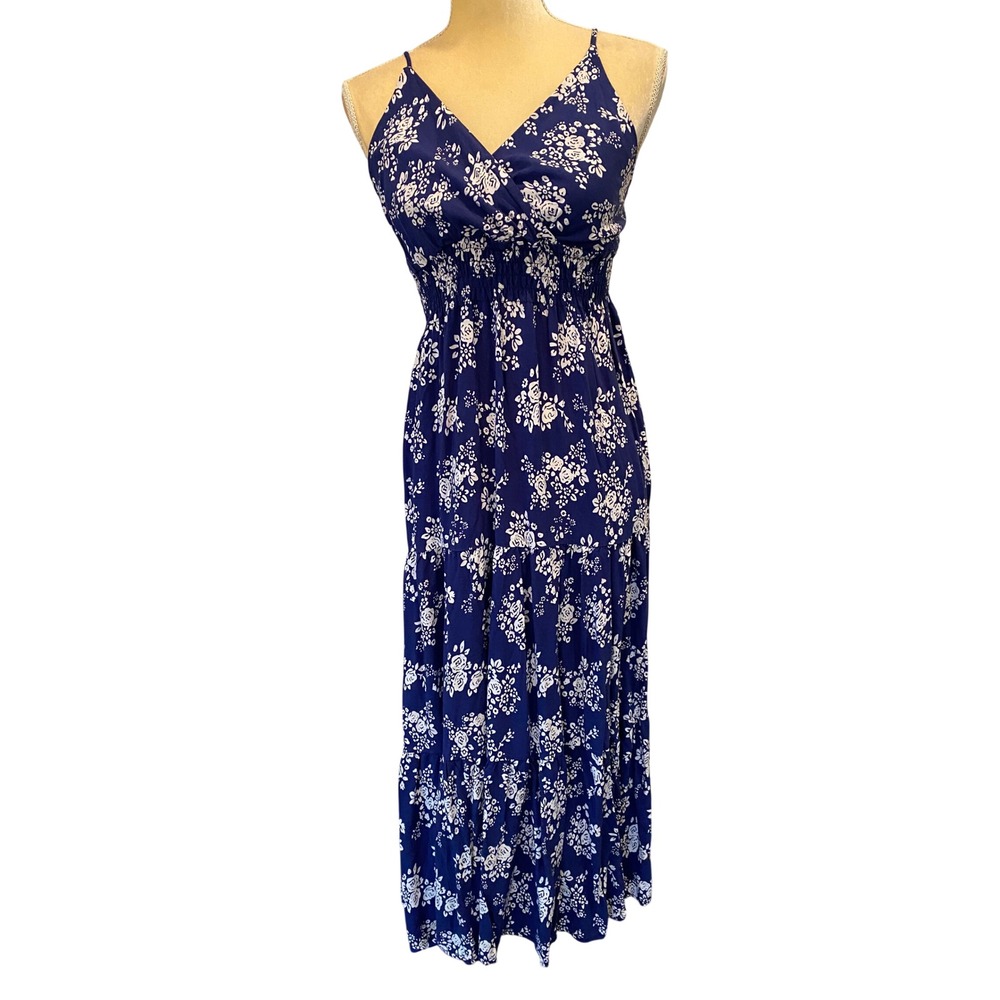 Blue White Floral Smocked Maxi Dress Womens SM Tiered V-Neck Spaghetti Strap
